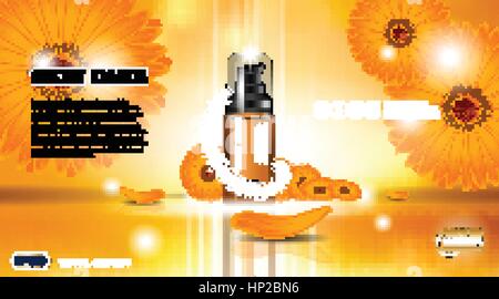 Feuchtigkeitsspendende Lotion kosmetische Anzeigen-Vorlage. Feuchtigkeitsspendende Hautschutz. Mock-up 3D realistische Darstellung. Sparkling Hintergrund Blumen Stock Vektor