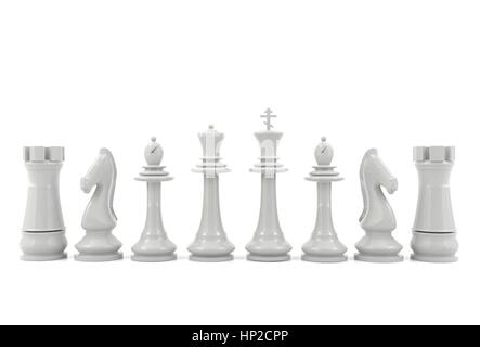Weiße Schachfiguren isoliert auf weißem Hintergrund Stockfoto