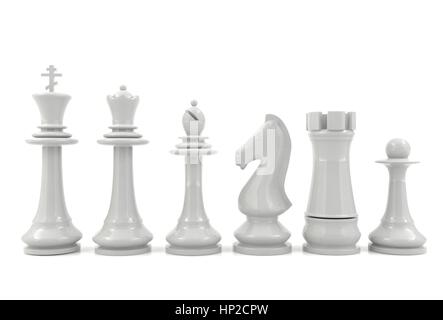 Weiße Schachfiguren isoliert auf weißem Hintergrund Stockfoto