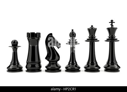 Schwarzen Schachfiguren isoliert auf weißem Hintergrund Stockfoto