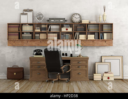 Retro-Heim Arbeitsbereich mit Schreibtisch aus Holz und Bücherregal auf Wand - 3d rendering Stockfoto