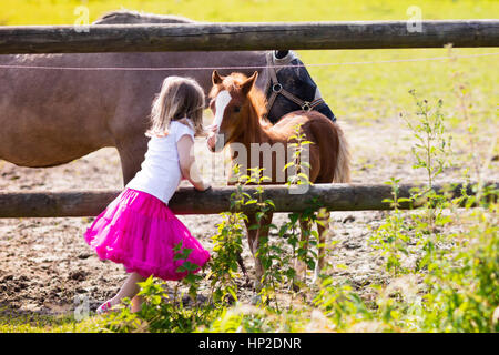 Kleine Mädchen spielen mit Mutter und Baby Pferde an sonnigen Sommertag im Land. Kind Fütterung Pferde und Fohlen Haustier. Kinder kümmert sich um Haustiere Stockfoto