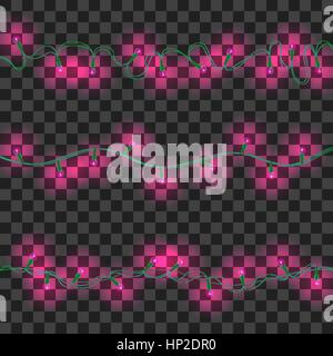 Satz von lila leuchtende Girlande Lichter mit Halterungen auf transparenten Hintergrund isoliert. Weihnachten, Silvester Party Dekoration realistische Design-Elemente. Stock Vektor