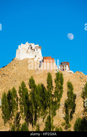 Tsemos Schloss und Namgyal Tsemos Gompa auf einem Berg mit Mondaufgang von Tele Abstand in Leh, Ladakh, Indien gesehen. Vertikal Stockfoto