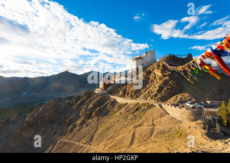 Tsemos Fort und Namgyal Tsemos Gompa auf einem Berg über dem Leh und Nubra Tal an einem Sommertag in Ladakh, Indien. Horizontale Stockfoto