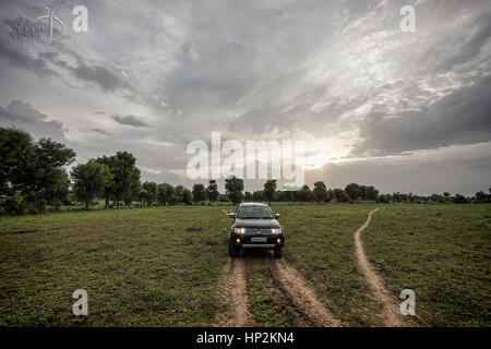 Ein schwarzer Mitsubishi Pajero Sport SUV-Fahrzeug in ein grünes Feld mit Wanderwegen, Lichter auf, dramatische Wolken im Himmel Stockfoto