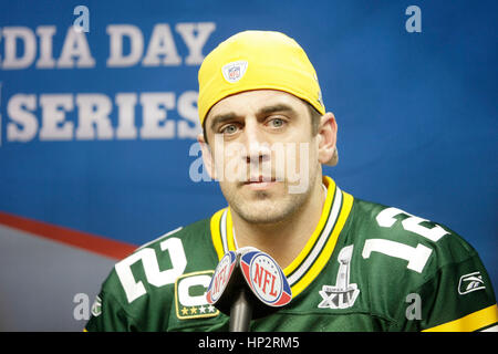 Green Bay Packers quarterback Aaron Rodgers am Super Bowl Medientag im Cowboys Stadium am 1. Februar 2011 in Arlington, Texas. Foto von Francis Specker Stockfoto