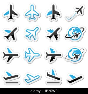 Flugzeug, Flug, Flughafen-schwarz und blau Icons Set. Stock Vektor