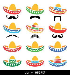 Mexikanische Sombrero-Hut mit Bart oder Schnurrbart-Symbol. Vektor-Icons-Set von Sombrero isoliert auf weiss Stock Vektor