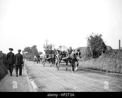 Ein Konvoi von Pferden gezogenen Karren fahren hinunter ein rauhes Land Lane in Kent im Jahre 1910 übernommen. Auf der linken Seite ist ein schmaler Bürgersteig mit Menschen zu Fuß, auf der rechten Seite ist eine Bank bei der Absicherung von oben, von einer hohen Auflösung Wiederhergestellt aus dem originalen Edwardianischen Glas negative zu scannen. Stockfoto