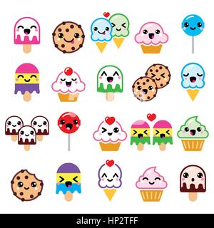 Cute Kawaii Essen Zeichen - Kuchen, Eis, Cookie, Lutscher Symbole. Vektor-Icons Set Kawaii Süssigkeiten isoliert auf weiss Stock Vektor