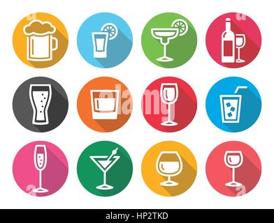 Trinken alkoholische Getränke runden flachen Bauweise. Getränke Schwarz bunte Icons set - Vektor Stock Vektor