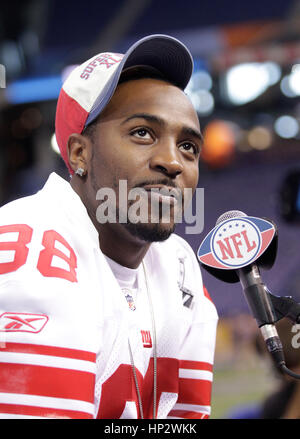 New York Giants Hakeem Nicks spricht zu den Medien in den Super Bowl XLVI Media Day in Indianapolis, Indiana am 31. Januar 2012. Francis Specker Stockfoto