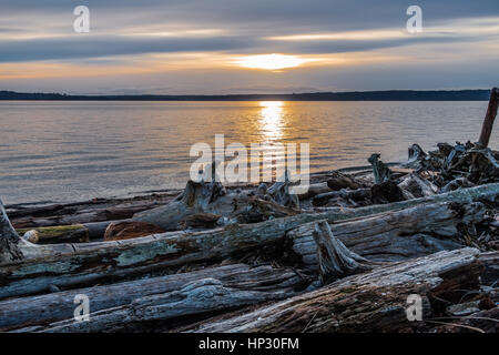 Die Sonne geht hinter bedecktem Himmel in Normandie Park, Washington. Stockfoto