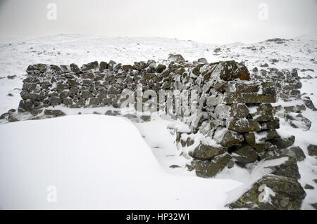 Die schneebedeckte Trockenmauer Unterschlupf an der Kreuzung der Wanderwege am Esk Hause in Lake District National Park, Cumbria, England. Stockfoto