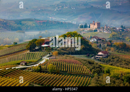 Blick über Weinberge in Richtung Castello di Grinzane Cavour, Langhe Region, Piemont, Italien Stockfoto