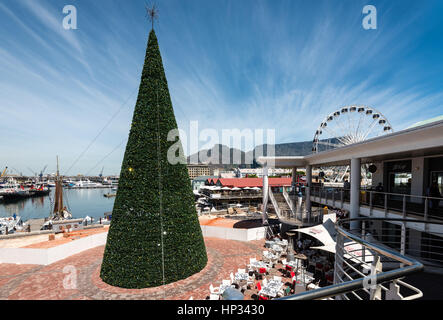 Cape Town, South Africa - 15. November 2016: Weihnachten Vorbereitung des berühmten Victoria and Alfred (V & A) Waterfront von Kapstadt mit der Tabelle Moun Stockfoto