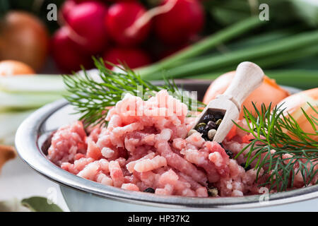Rohes Hackfleisch in weiße Schüssel. Hackfleisch vom Schwein auf einem Hintergrund von frischem Bio-Gemüse Stockfoto
