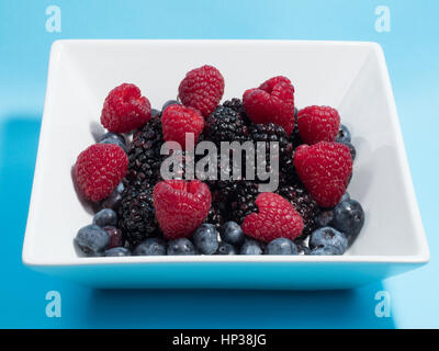 Gemischte Winter Früchte von Heidelbeeren, Himbeeren, Blackberrys und Obstüberguss in eine Schüssel weiß auf blauem Hintergrund Stockfoto