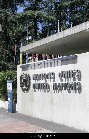 Genf, Schweiz - 14. August 2016: Eingang der Vereinten Nationen Gebäude in Genf, Schweiz Stockfoto