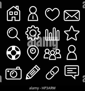 Website Navigation Linie Menüsymbole - Haus, Suche, e-Mail, Galerie, Blog. Weiße moderne Schlaganfall Icons für Web-Navigation isoliert auf schwarz Stock Vektor