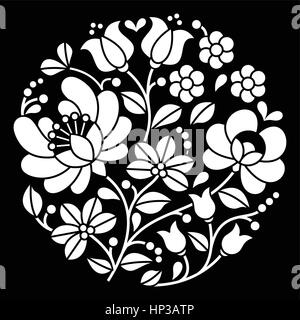 Kalocsa weiße Stickerei - ungarische Runde floral Volkskunst Muster auf schwarz Stock Vektor