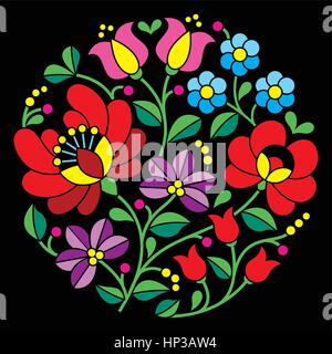 Kalocsa Stickereien - ungarische Runde folk Blumenmuster auf schwarz. Vektor Hintergrund - traditionelle Muster aus Ungarn isoliert auf schwarz Stock Vektor