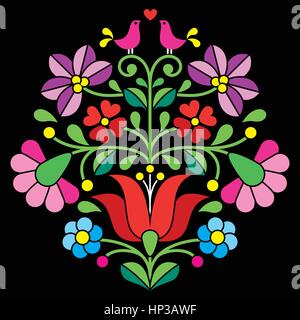 Kalocsa Stickereien - ungarische Folklore Blumenmuster auf schwarz Stock Vektor
