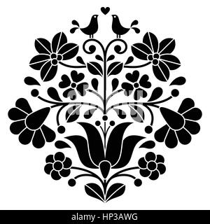Kalocsa schwarz Stickerei - ungarische Folklore Blumenmuster mit Vögel Stock Vektor