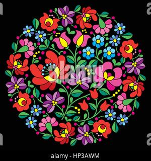 Kalocsa Stickereien - ungarische Runde folk Blumenmuster auf schwarz Stock Vektor