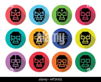 Lucha Libre, Luchador pixelig mexikanische Wrestling Masken schwarze Symbole. Vektor-Icons-Set von Masken während wrestling Kämpfe in Mexiko Isol getragen Stock Vektor