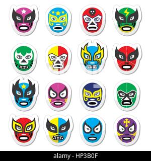 Lucha Libre, Luchador mexikanische Wrestling Masken Symbole. Vektor-Icons Set Masken getragen während wrestling Kämpfe in Mexiko isoliert auf weiss Stock Vektor