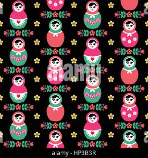 Russische Puppe Matroschka folk Musterdesign auf schwarz. Russische Puppen Retro-bunte sich wiederholenden Hintergrund mit Blumen Stock Vektor