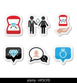 Engagement, set Diamant-Ring im Feld-Vektor-Icons. Mann schlägt, Ring-Symbole-Satz isoliert auf weiss Stock Vektor