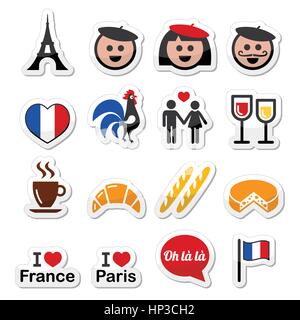 Frankreich, ich liebe Paris-Vektor-Icons Set. Franzosen stellen Frankreich Icons isoliert auf weiss Stock Vektor
