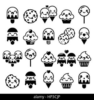 Cute Kawaii Essen Zeichen - Kuchen, Eis, Cookie, Lutscher Symbole. Vektor-Icons Set Kawaii Süssigkeiten isoliert auf weiss Stock Vektor