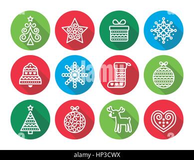 Weihnachts-flache Symbole Icons - Xmas Tree, präsent, Rentiere. Vektor-Runde Icons set für feiern Weihnachten isoliert auf weiss Stock Vektor