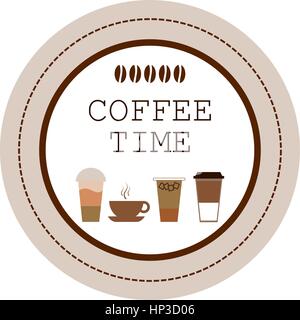 Kaffee Zeit Zeichen mit verschiedenen koffeinhaltige Getränke. Runde coffee shop Logo oder Emblem. Stempel, Symbol, Emblem für Kaffee. Cafe Schriftzug. Coffee to go Stock Vektor