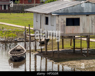 Amazonas, Peru - 13. Mai 2016: Kleines Dorf am Ufer des Amazonas Stockfoto