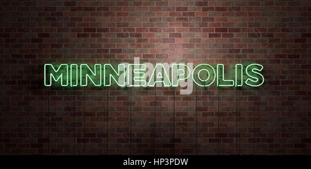 MINNEAPOLIS - Neon Leuchtstoffröhre Zeichen auf Mauerwerk - Vorderansicht - 3D gerenderten Lizenzgebühren frei Lager Bild. Einsetzbar für Online-Bannerwerbung und dir Stockfoto