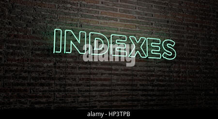 Indizes - realistische Leuchtreklame auf Ziegelmauer Hintergrund - 3D gerenderten Lizenzgebühren frei Bild. Einsetzbar für Online-Bannerwerbung und Direct-Mailings. Stockfoto