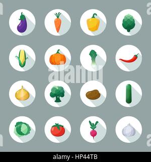 Vektor-Icons Gemüse flachen Stil mit langen Schatten Set mit Auberginen, Karotten, Paprika, Artischocken, Mais, Rettich, Kürbis, Kartoffeln, Lauch, Pfeffer, Zwiebel Stock Vektor