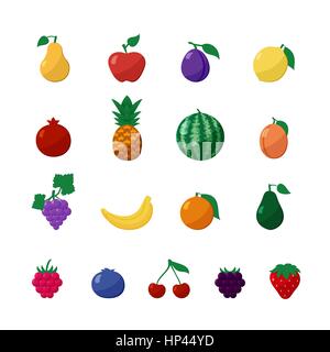Vector Icons Früchte und Beeren in flachen Stil isoliert in weiß mit Apfel, Birne, Banane, Zitrone, Kirsche, Erdbeere, Himbeere, Heidelbeere, schwarz Stock Vektor