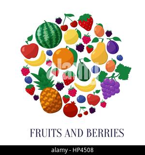 Vektor-Früchte und Beeren, die inmitten einer flachen Stilikonen Isolated Kreisform over White Background mit Apfel, Birne, Banane, Zitrone, Kirsche, Erdbeere, Ra Stock Vektor