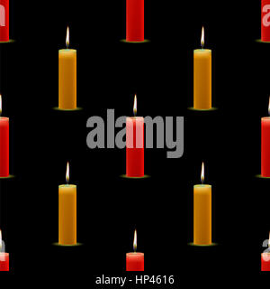 Gelb rot Wachs brennen Kerzen nahtlose Muster auf schwarzem Hintergrund Stockfoto