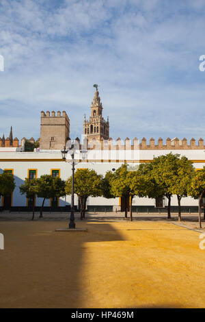 Sevilla Kathedrale Giralda Turm von Alcazar von Sevilla Andalusien Spanien. Der Alcázar von Sevilla ist ein königlicher Palast in Sevilla, Spanien, ursprünglich Entwicklung Stockfoto