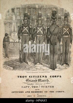 Sheet Music cover Bild des Liedes "Troy Bürger Corps Grand March", mit ursprünglichen Autorschaft Notizen Lesung "John C Andrews", 1900. Der Verlag als "Troy Musik Saloon" aufgeführt ist, die Form der Komposition ist "Schnitt", die Instrumentierung ist "Klavier", liest die erste Zeile "None" und der Abbildung Künstler wird als aufgeführt "e.w. Clay [Entf.]; Gedruckt von H.R. Robinson, 52 Courtlandt St. N. York ". Stockfoto