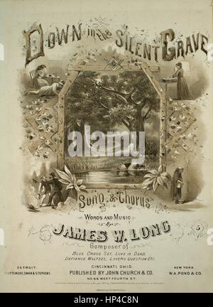 Noten-Cover-Bild des Songs "Down in den stillen Grab Lied und Chor", mit ursprünglichen Autorschaft Noten reading "Worte und Musik von James W Long", USA, 1871. Der Verlag als "John Kirche und Co., Nr. 66 West Fourth St." aufgeführt ist, die Form der Komposition ist "strophische mit Chor", die Instrumentierung ist "Klavier und Gesang (Solo und Satb Chor)", die erste Zeile lautet "Weary mit Mühe und Sorgfalt, mit immer noch unruhigen Meer des Lebens müde", und der Abbildung Künstler wird als aufgeführt "j.h. Bufford Lith 490 Washn. St. Boston ". Stockfoto