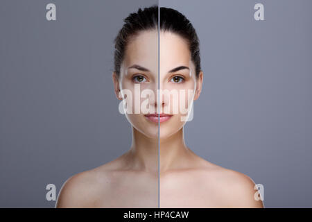 Vergleich-Porträt mit und ohne Retusche Stockfoto