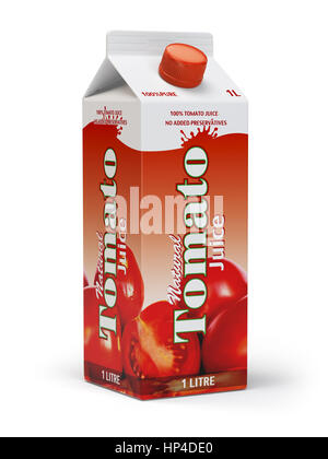 Tomaten Saft Karton Karton packen isolierten auf weißen Hintergrund. 3D y Stockfoto